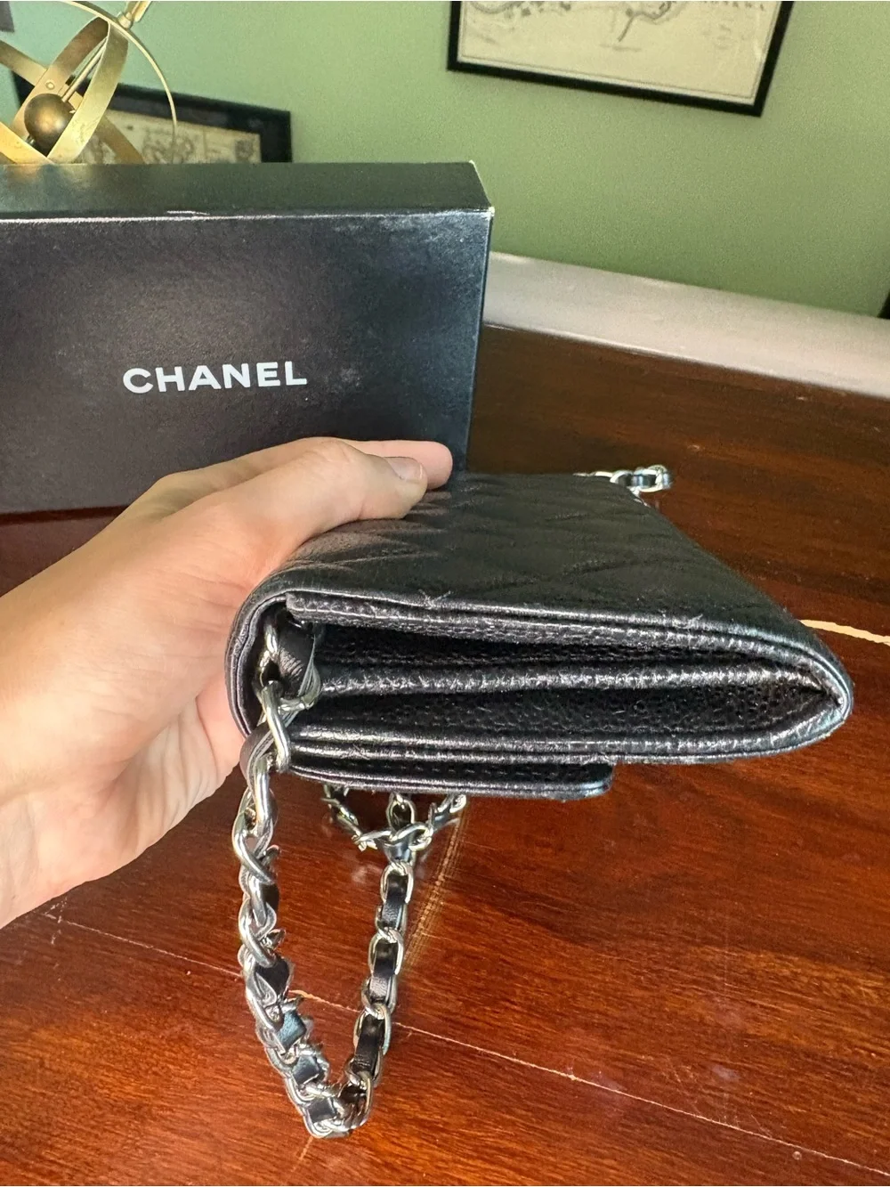 CHANEL Black Quilted Silver Hardware Wallet with Added Chain